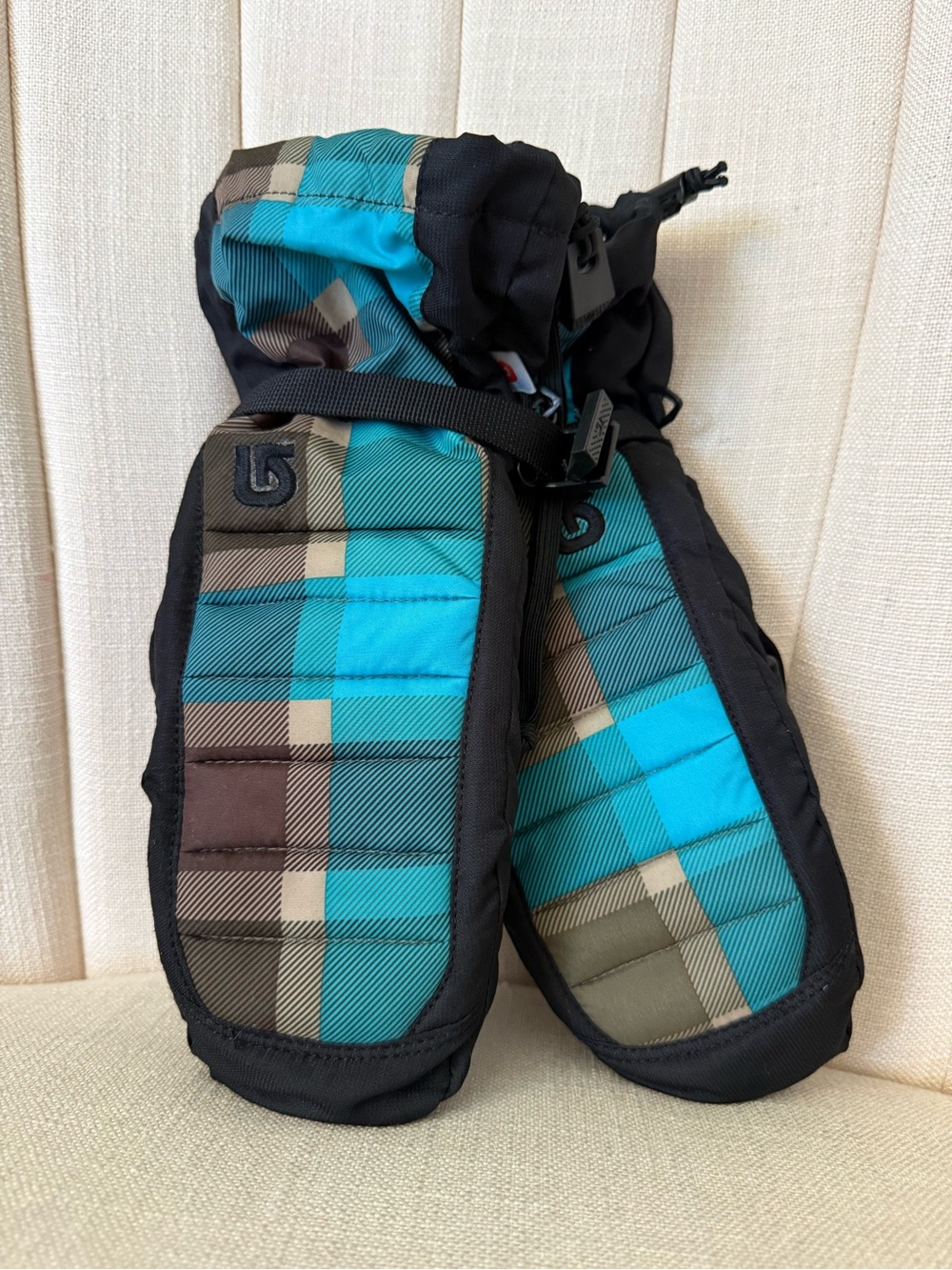 youth XL BURTON oven mitt mittens kids teal plaid snowboard snow gloves black